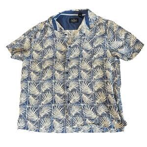 Nat Nast Blue White Silk Blend Hawaiian Shirt Size Large Button Up Palm Leaves